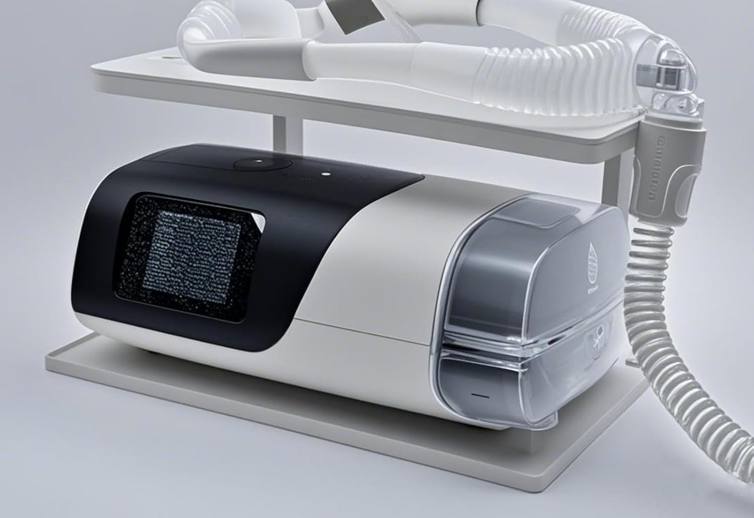 Generic bedside shelf with removable hooks supports AirSense 11, keeping masks within reach