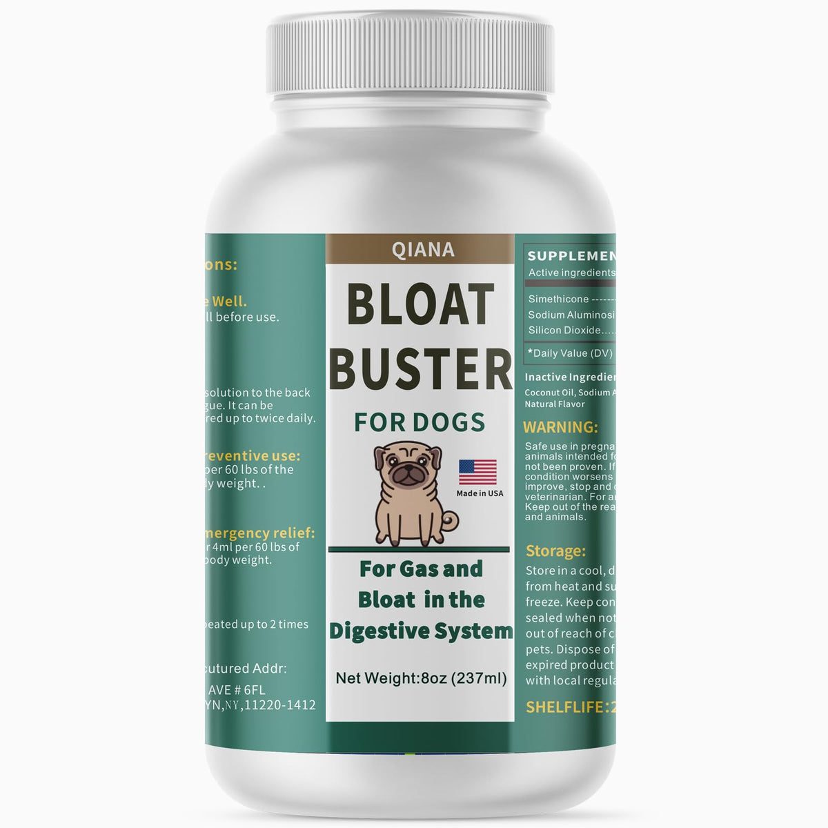 Generic Bloat Buster for Dogs bottle eases gas discomfort during bloating episodes.