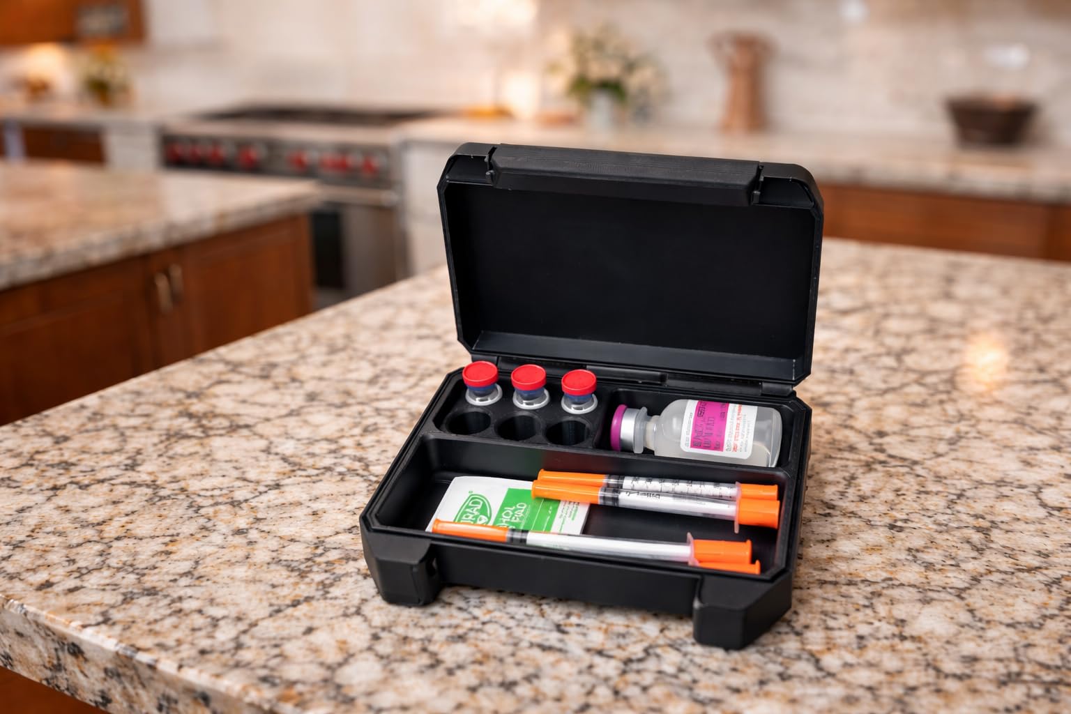 Generic built-in syringe holder stores multiple 120 mm syringes neatly