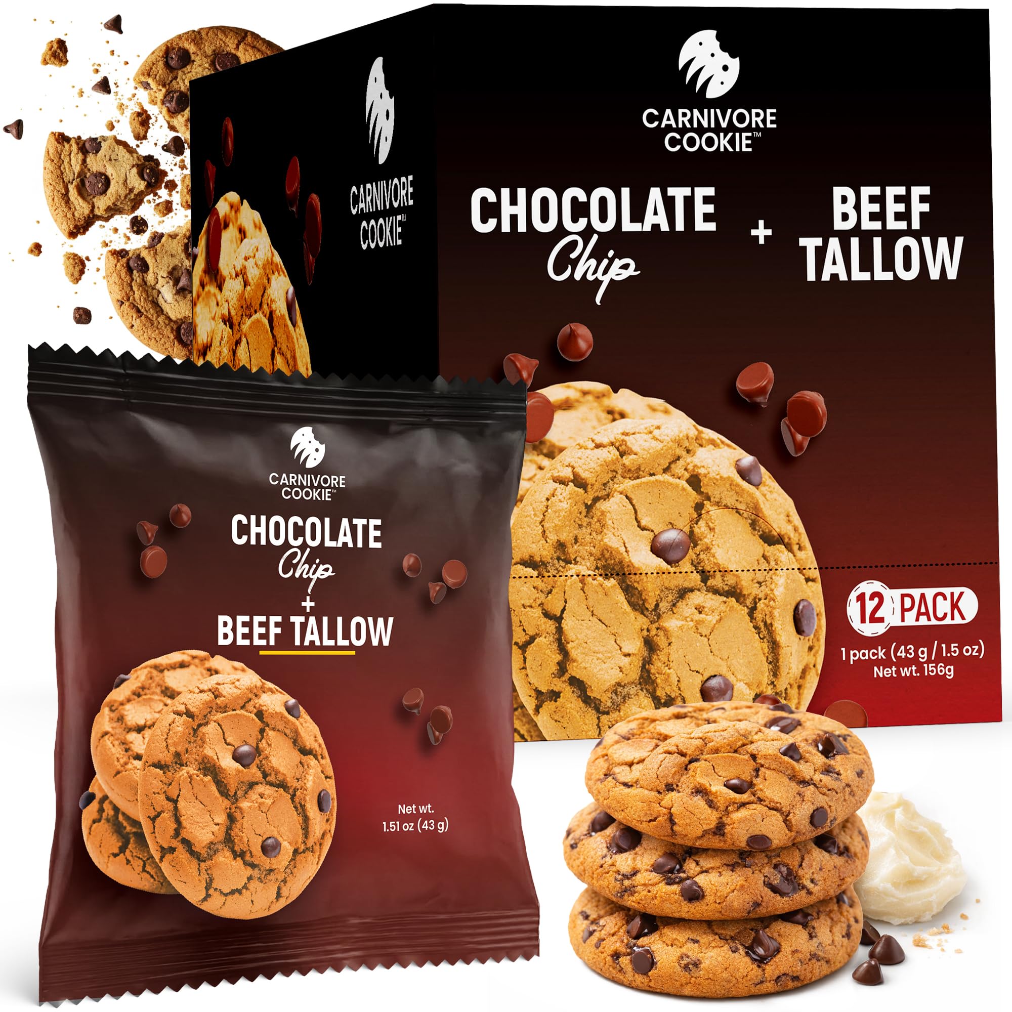 Generic Carnivore Cookies chocolate-chip pack, protein-rich post-workout snack.