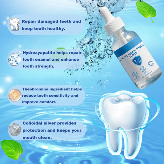 Generic Cavity Healing Liquid application scene illustrates easy, at-home enamel care.