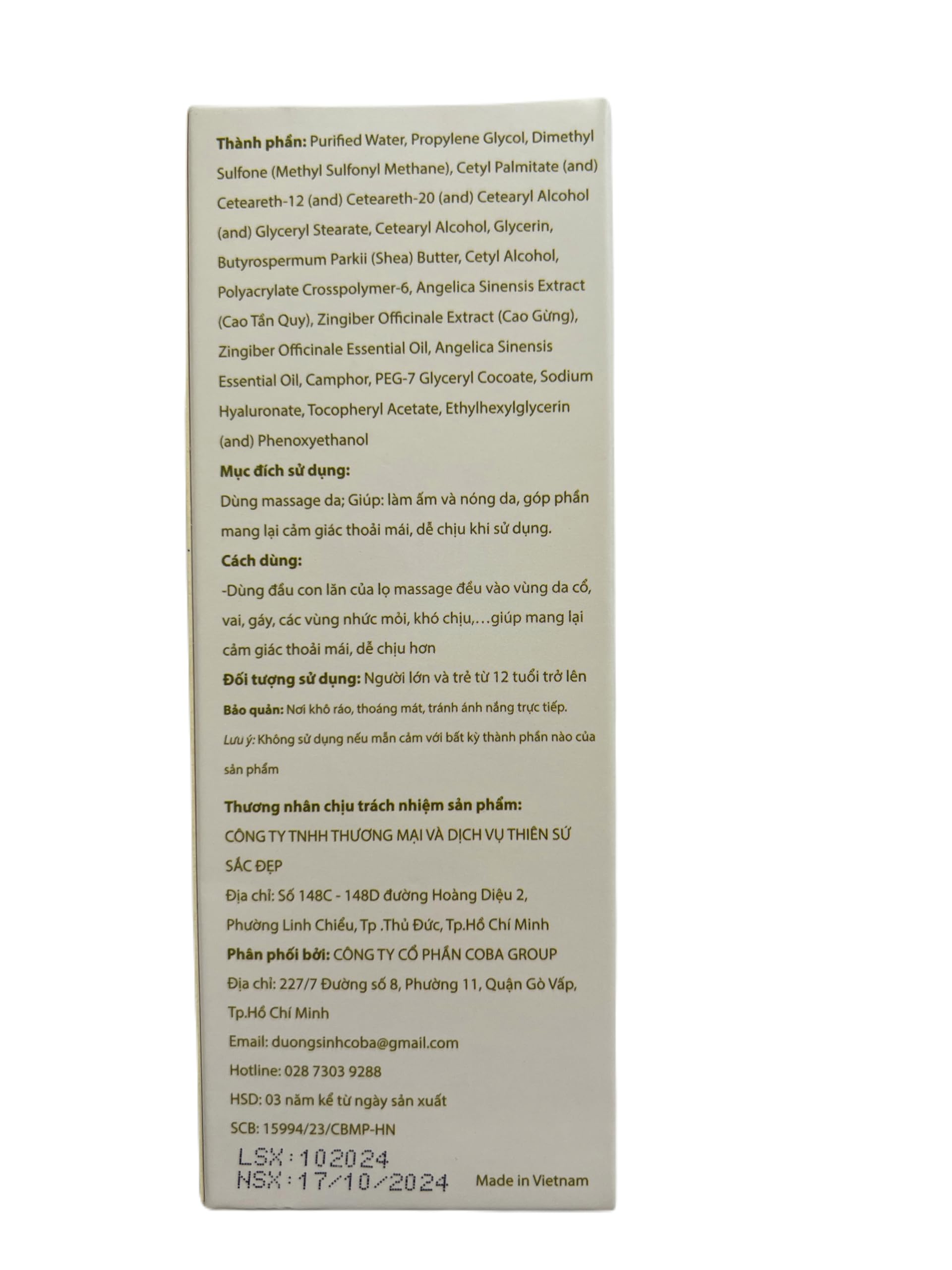 Generic CO BA Ginger Massage Cream ingredients close-up shows natural extracts.