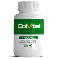 Generic Colvital probiotic bottle with 60 capsules for digestive comfort.
