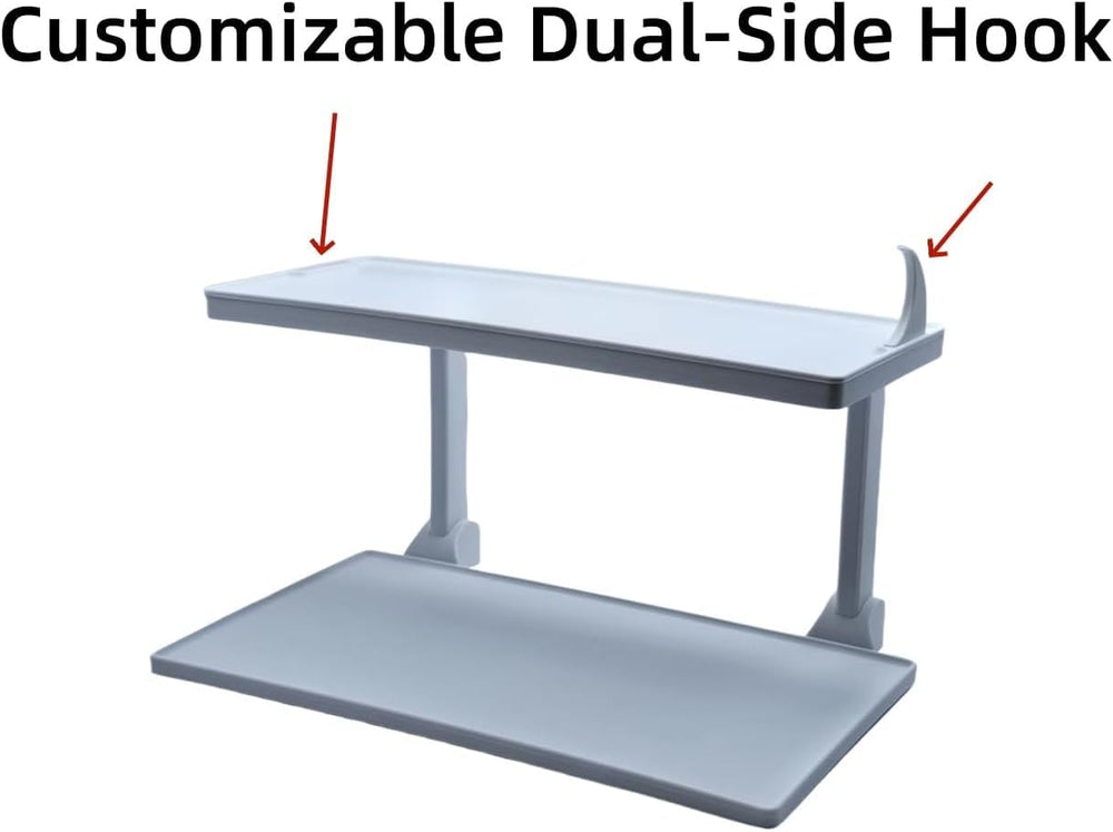 Generic CPAP shelf stores masks and tubing on the lower level for quick access