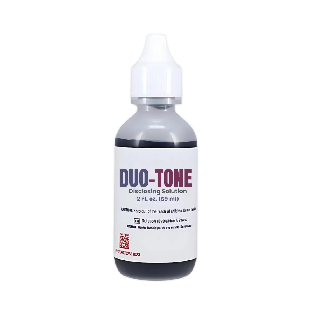 Generic Dental Duo-Tone Disclosing Solution bottle shows dual-color plaque indicator