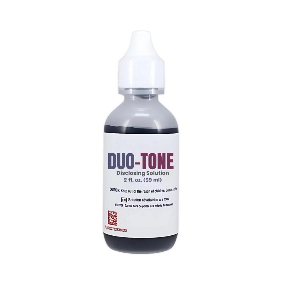 Generic Dental Duo-Tone Disclosing Solution bottle shows dual-color plaque indicator