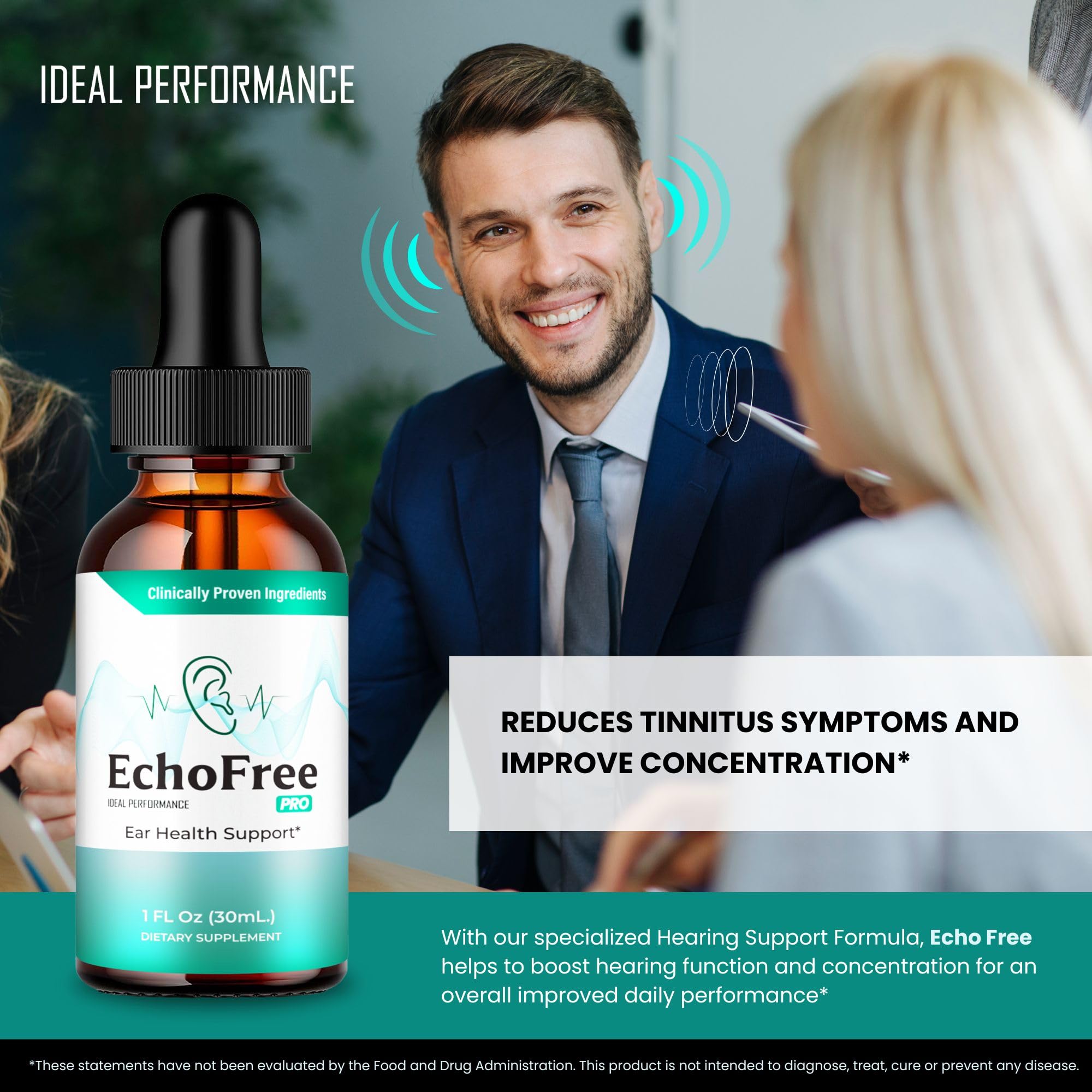 Generic Echo Free Tinnitus Drops packaging highlights all-natural formula