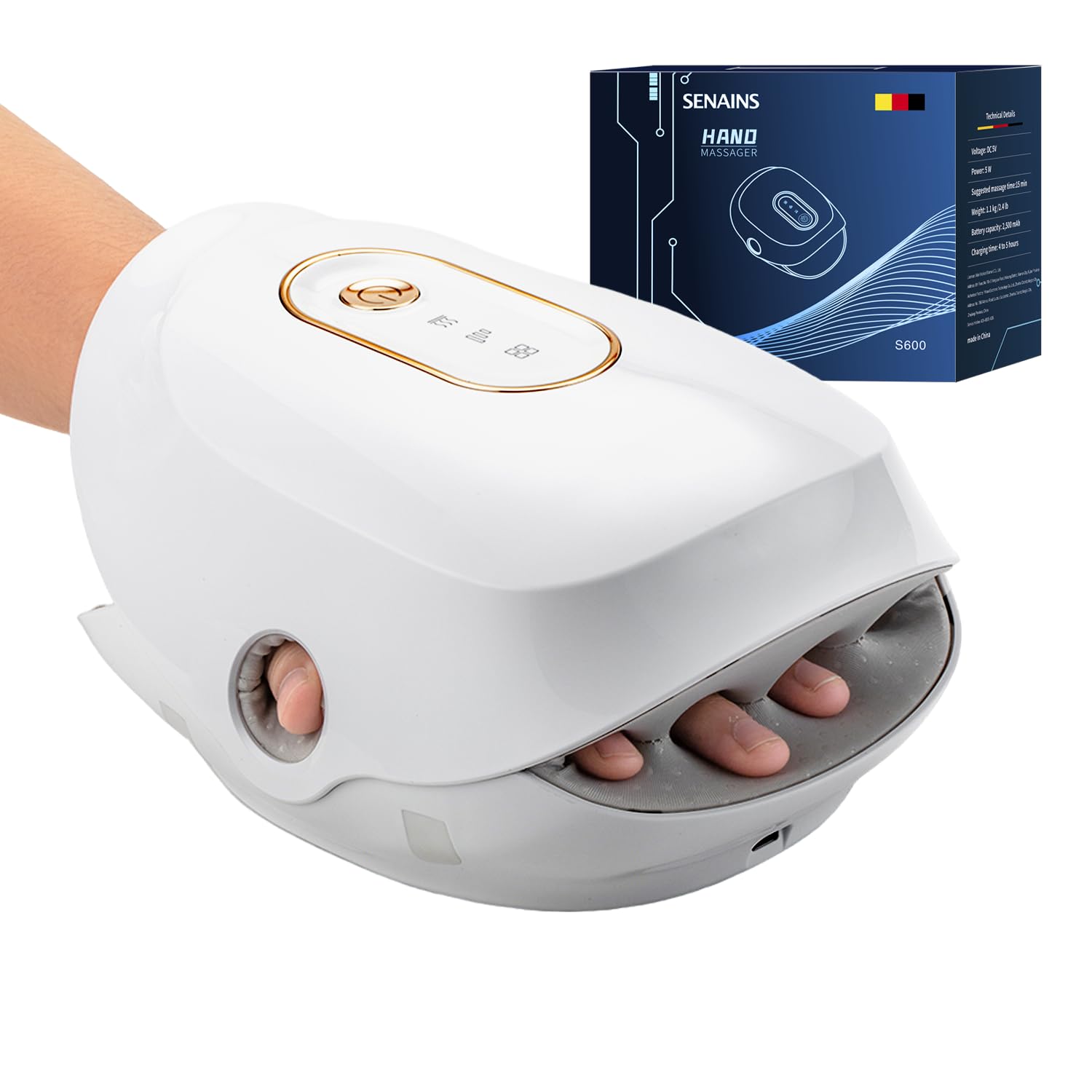 Generic F&G cordless hand massager in use with heat for relaxing hand relief