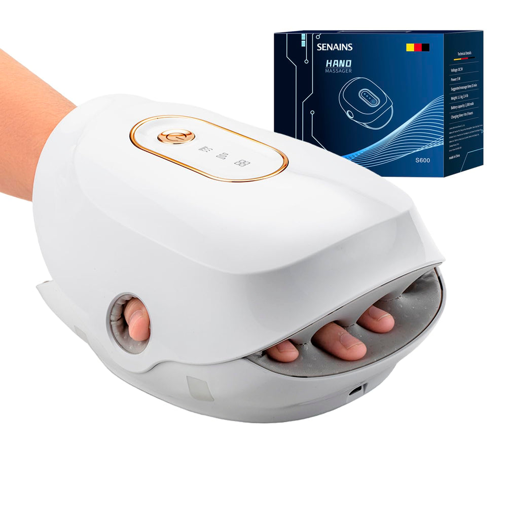 Generic F&G cordless hand massager in use with heat for relaxing hand relief