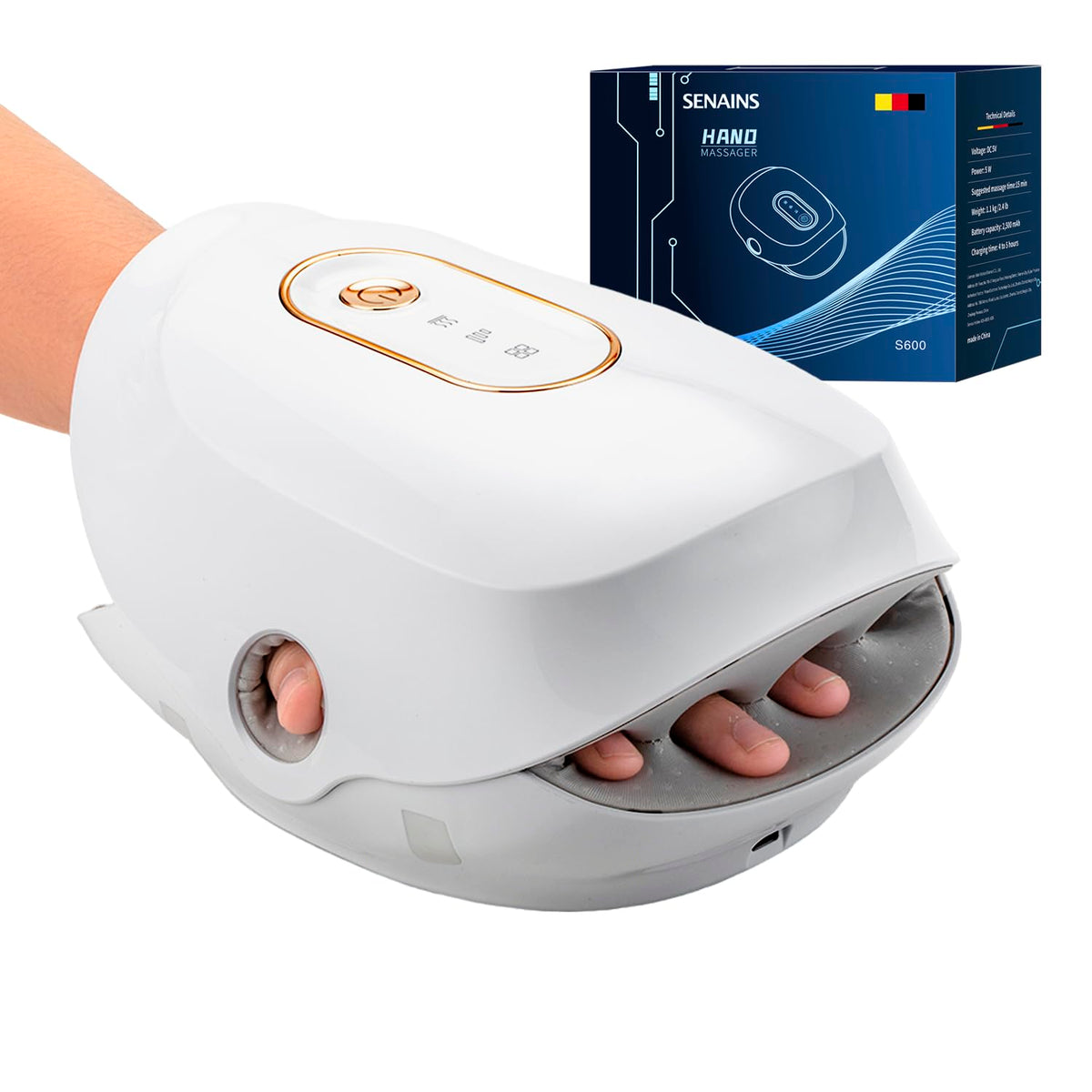 Generic F&G cordless hand massager in use with heat for relaxing hand relief