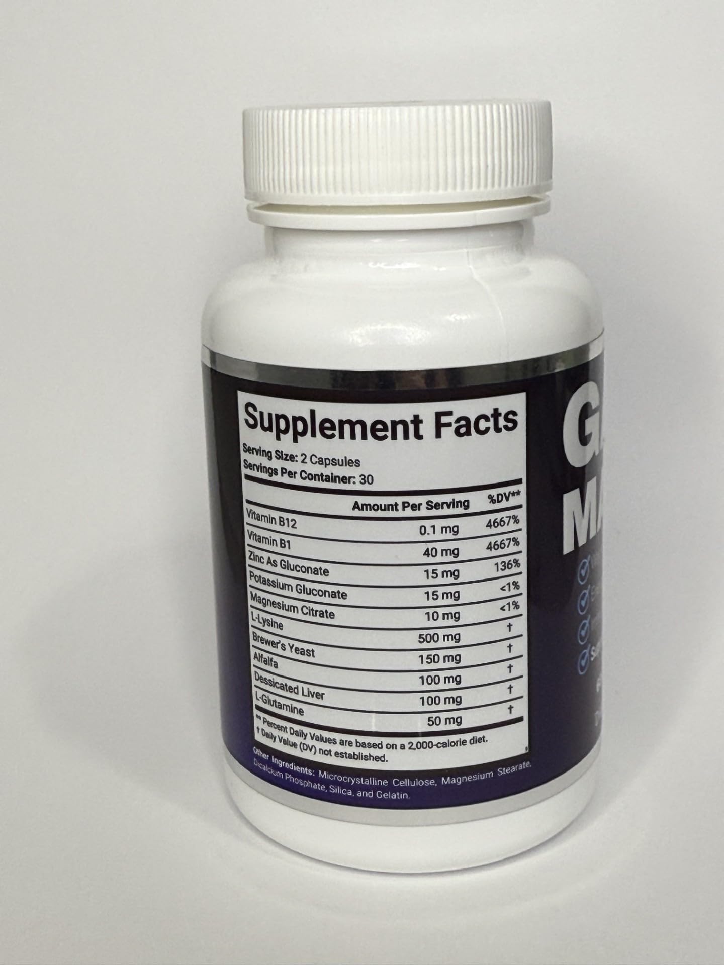 Generic GainMax ingredients label highlights key components for potential muscle support.