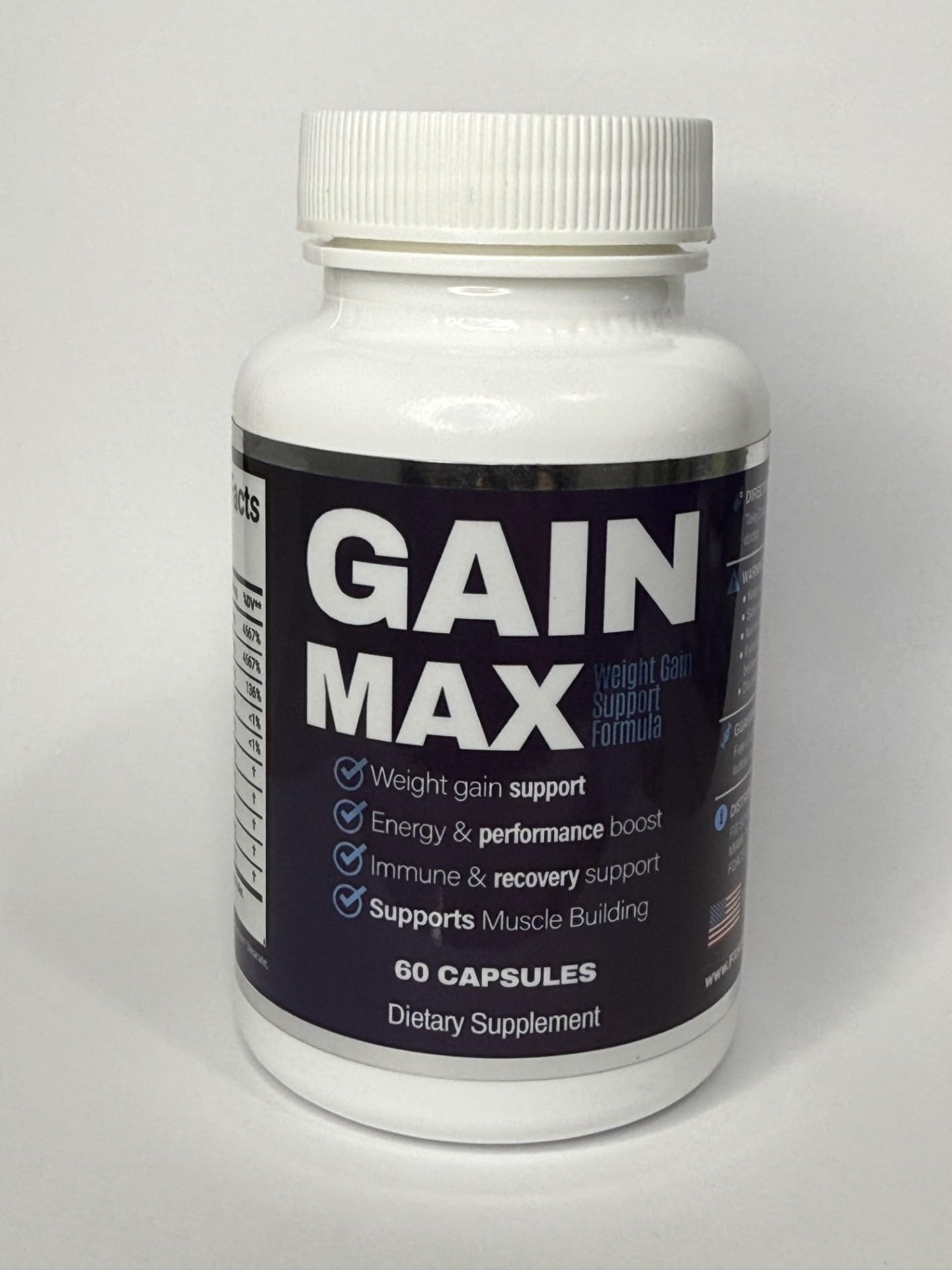 Generic GainMax weight gain support bottle with clear dosing label.