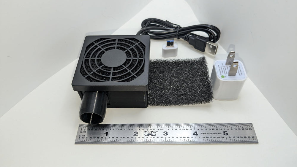 Generic hose dryer side view showing USB power and near-silent operation