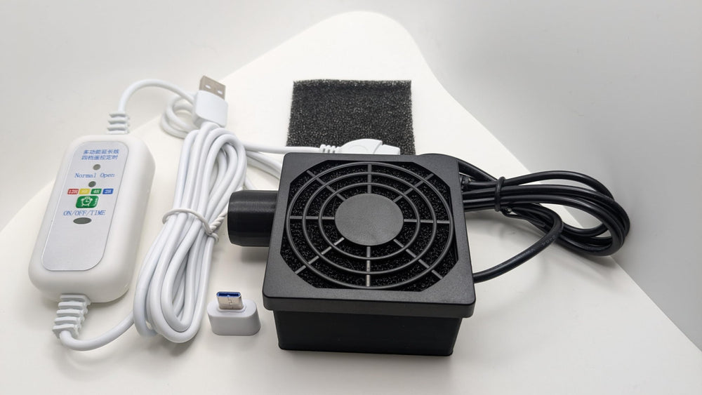 Generic hose dryer with filter in action drying a CPAP hose with quiet airflow.