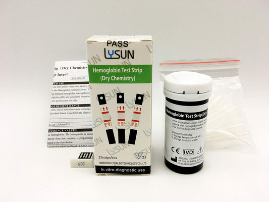 Generic Lysun HBS-101 hemoglobin test strips with capillary tubes for convenient testing.