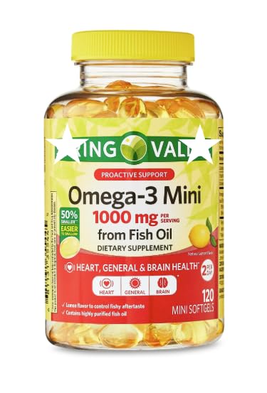 Generic Omega-3 Mini bottle shows purified 1000 mg omega-3 oil.