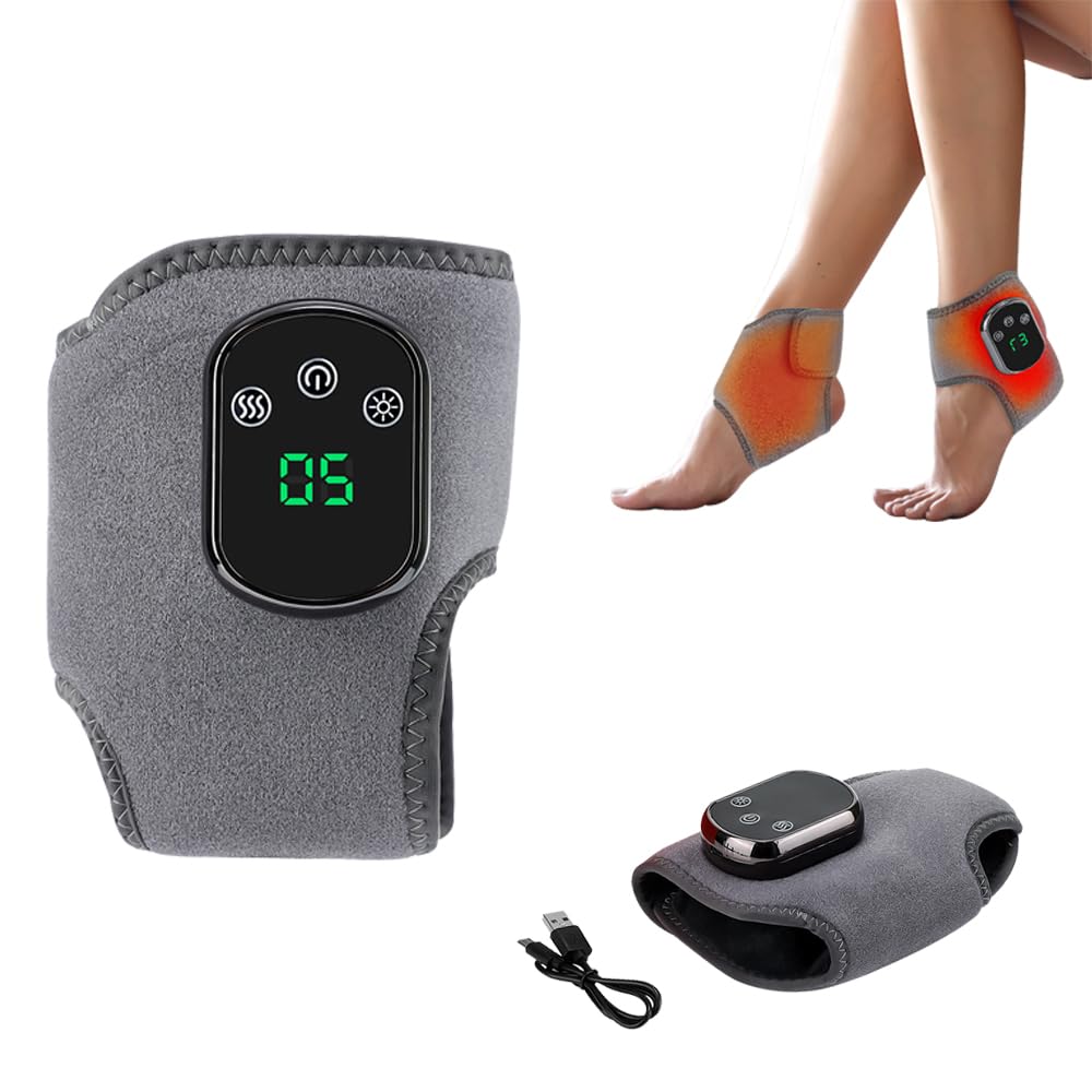 Generic portable foot and ankle massager with heat wrap demonstrates snug warmth.