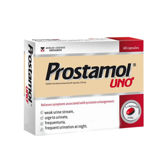 Generic Prostamol Uno 320mg bottle front view, convenient 60-capsule supply for daily use.