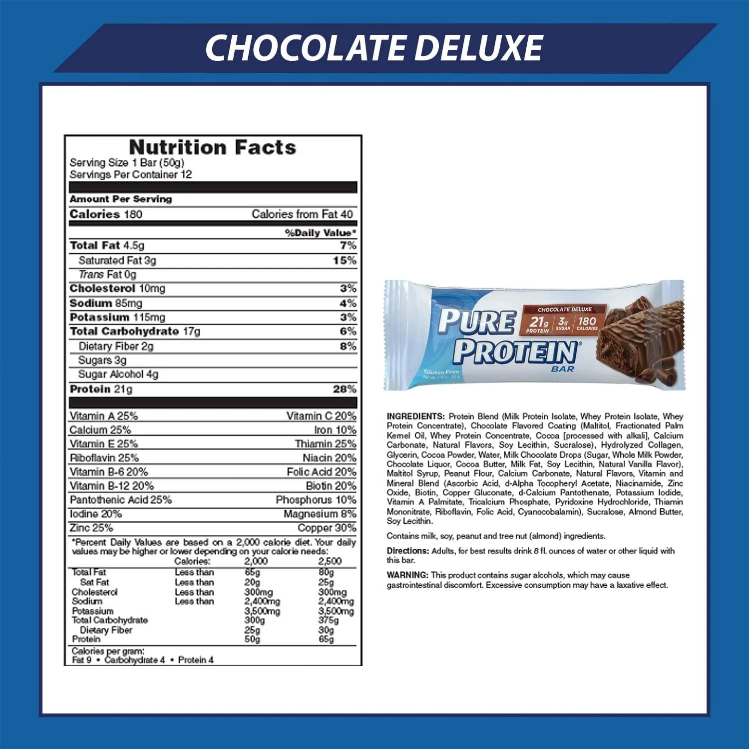 Generic Pure Protein Bars Chocolate Deluxe close-up emphasizes rich chocolate flavor and energy.