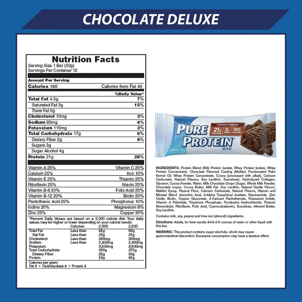 Generic Pure Protein Bars Chocolate Deluxe close-up emphasizes rich chocolate flavor and energy.