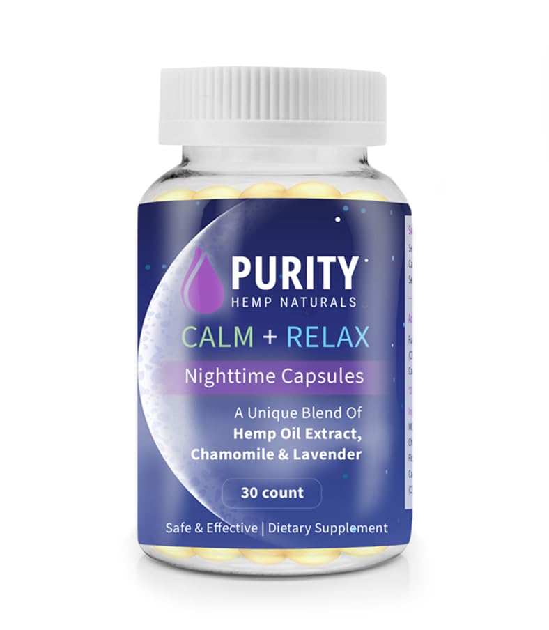 Generic Purity Hemp Naturals Calm + Relax nightcaps bottle front view for peaceful evenings