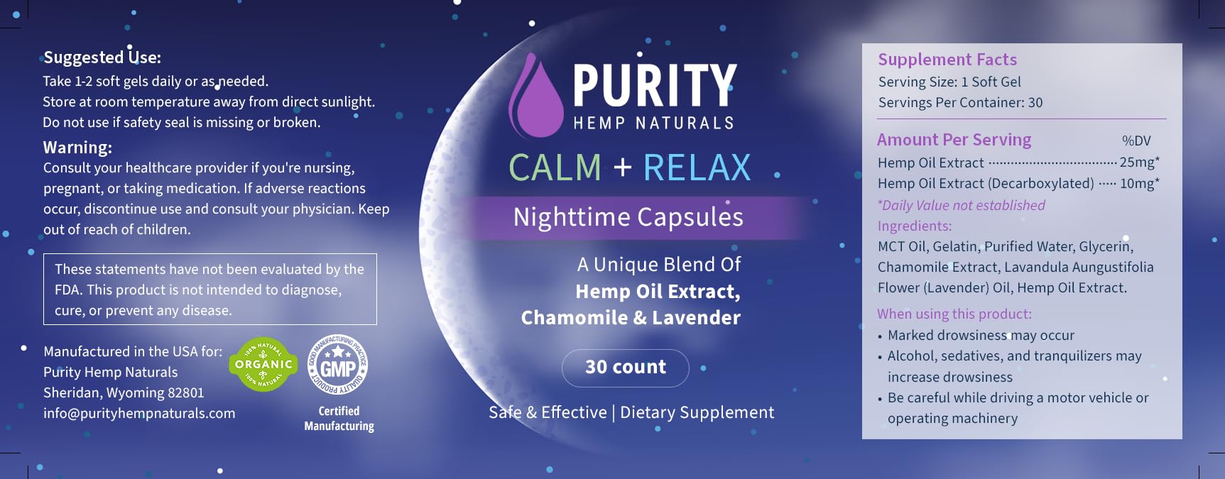 Generic Purity Hemp Naturals Calm + Relax nightcaps on a nightstand for bedtime ritual