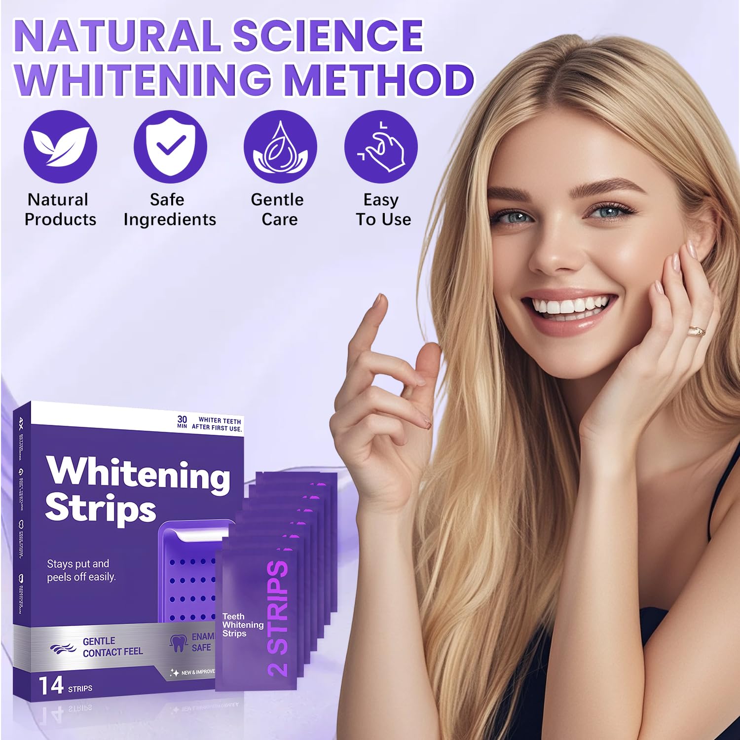 Generic Purple Teeth Strips applied to teeth for gentle surface stain reduction