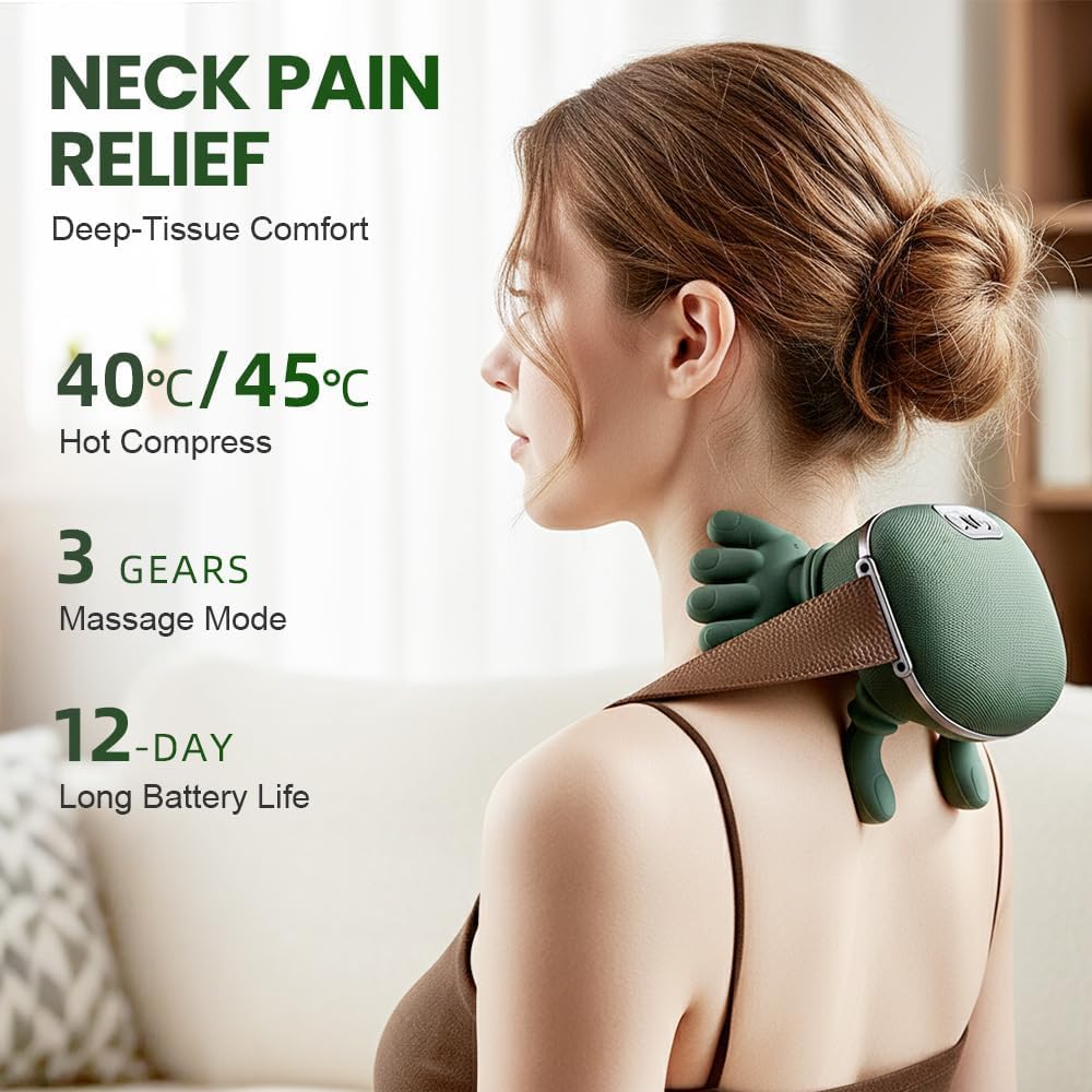 Generic shiatsu neck massager targets shoulders with adjustable intensity.