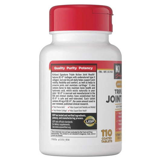 Generic Signature Triple Action Joint Health tablet close-up highlighting collagen support for joints.