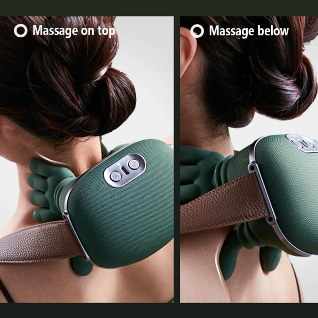 Generic simulation hand neck massager green side view shows wireless portability.
