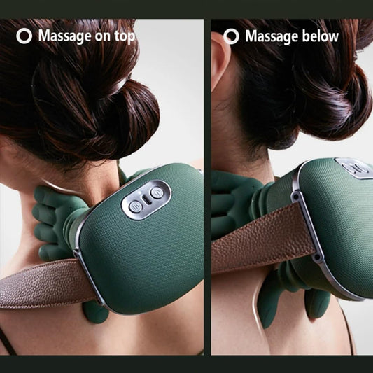 Generic simulation hand neck massager green side view shows wireless portability.