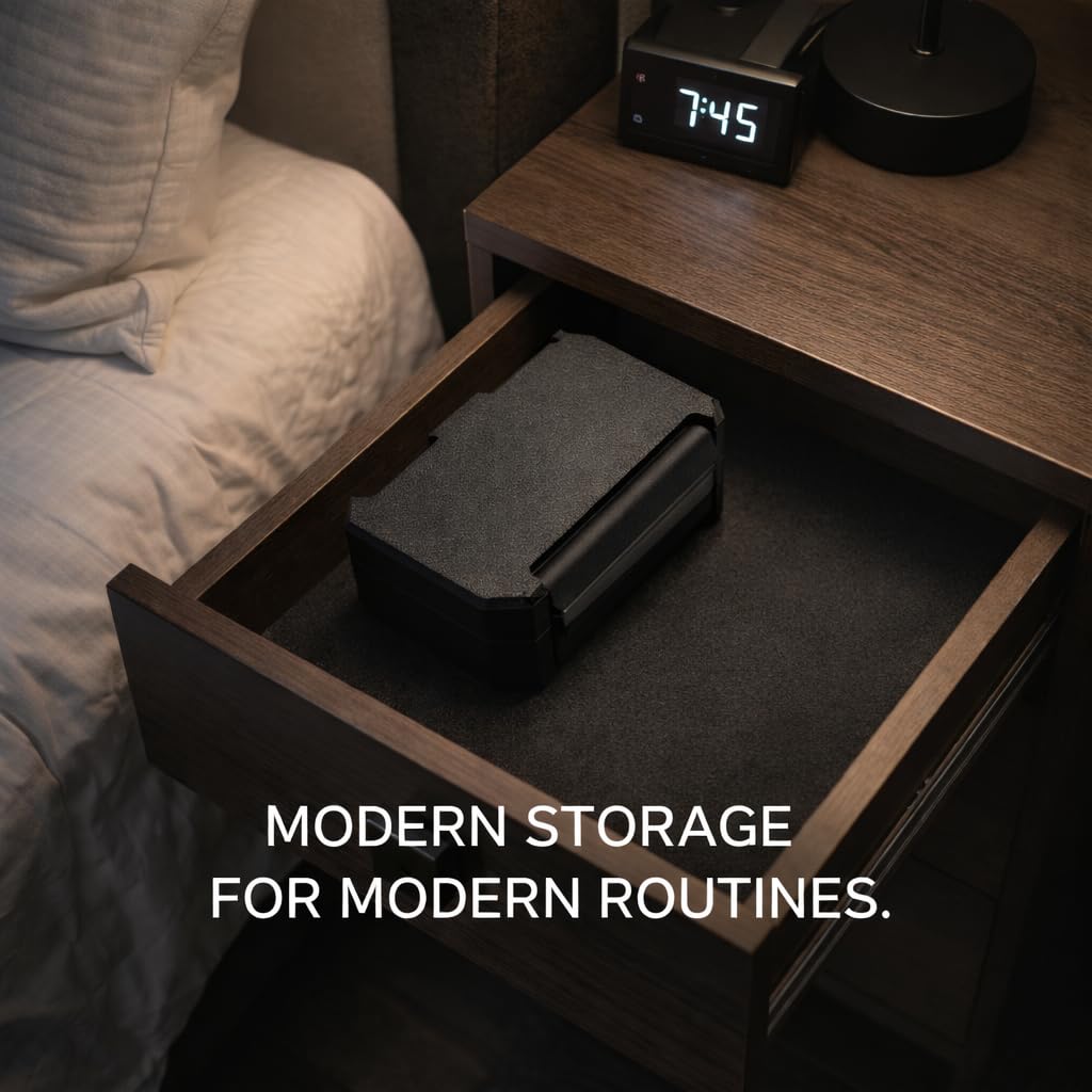 Generic slim profile storage fits compact drawers and bags