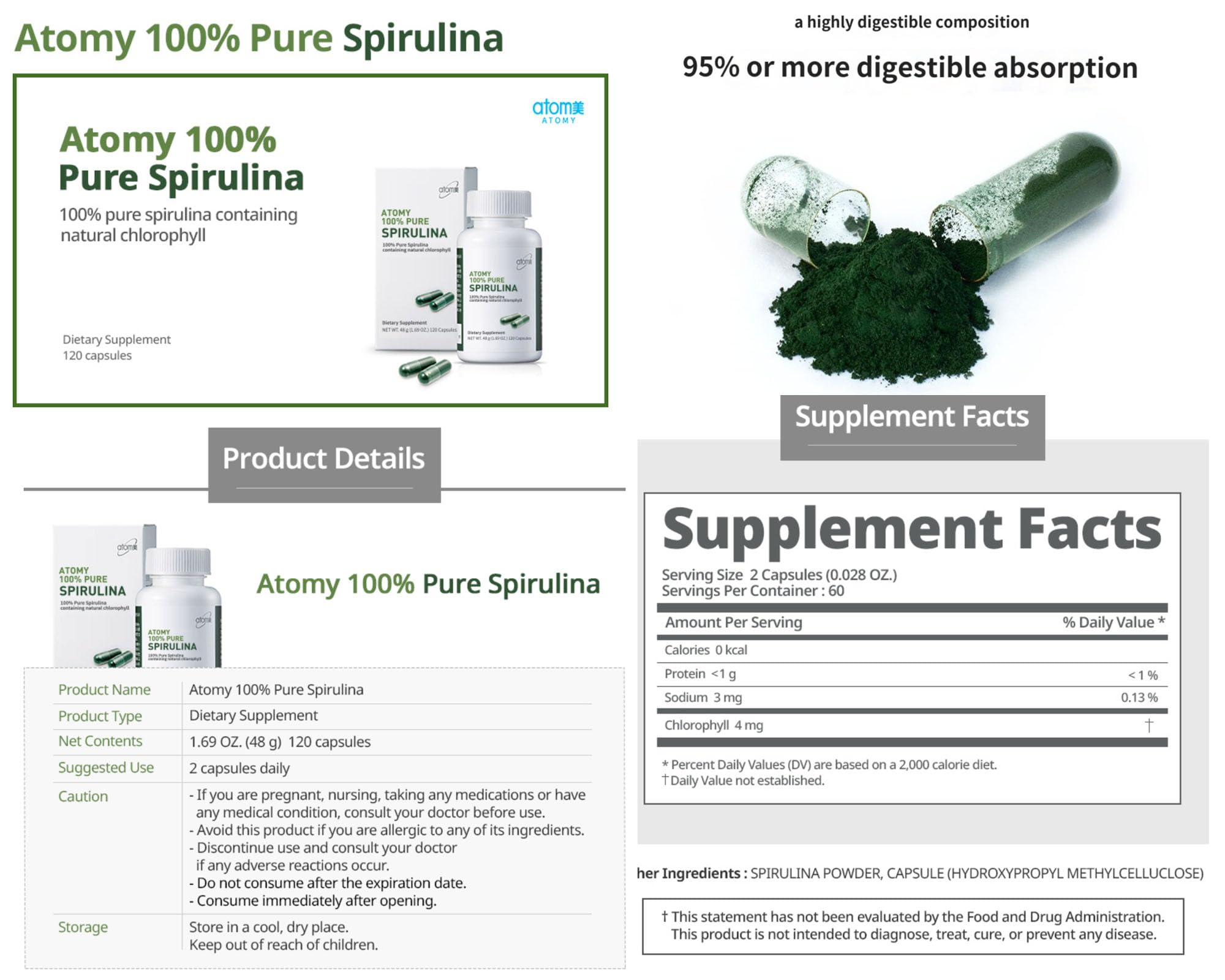 Generic Spirulina bottle shows the recommended daily dose of two capsules.