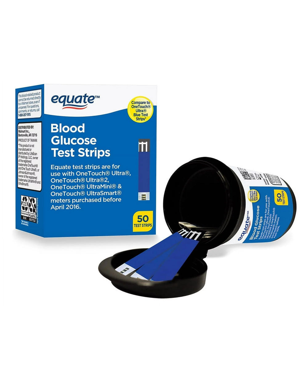 Generic strips stored in a resealable container for freshness.