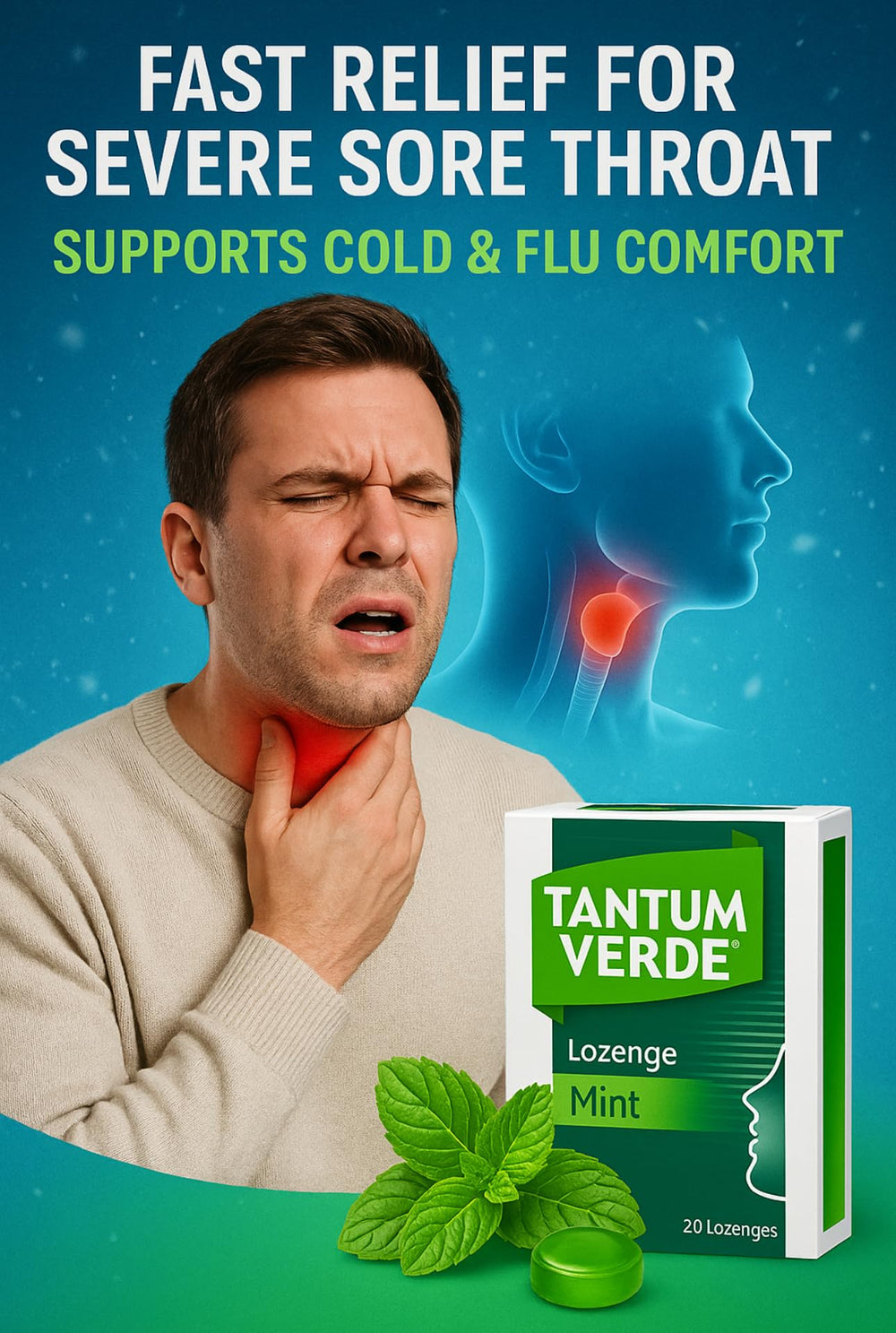 Packaging box of TAN Verde TUM highlights max strength throat support.