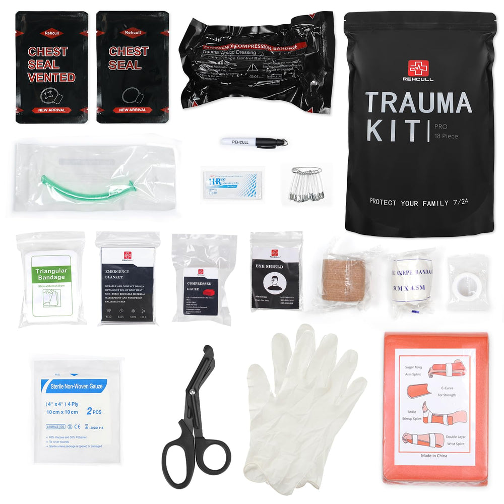Generic Trauma Kit contents laid out for quick access and field readiness.