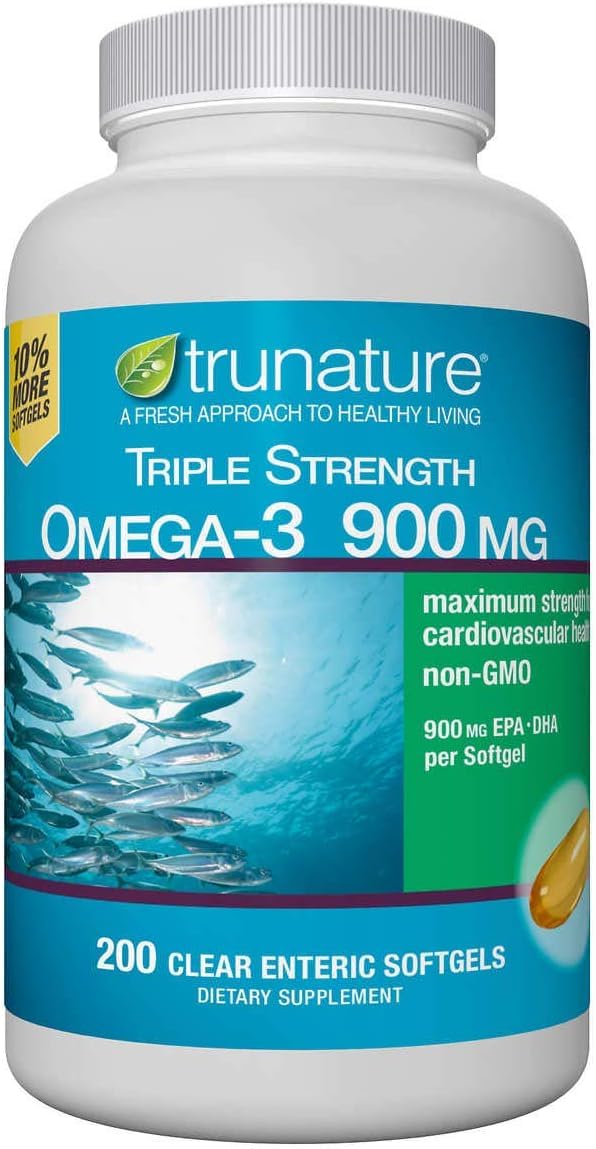 Generic Triple Strength Omega-3 bottle with 200 enteric softgels for daily wellness.
