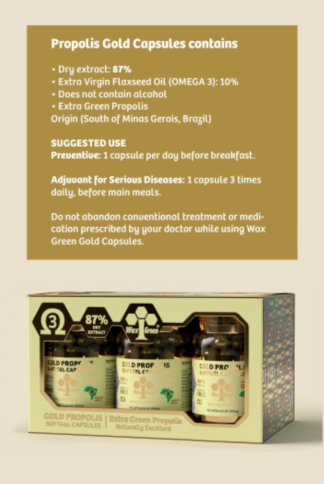 Box and bottle packaging for Wax Green Propolis Gold Capsules for secure storage.