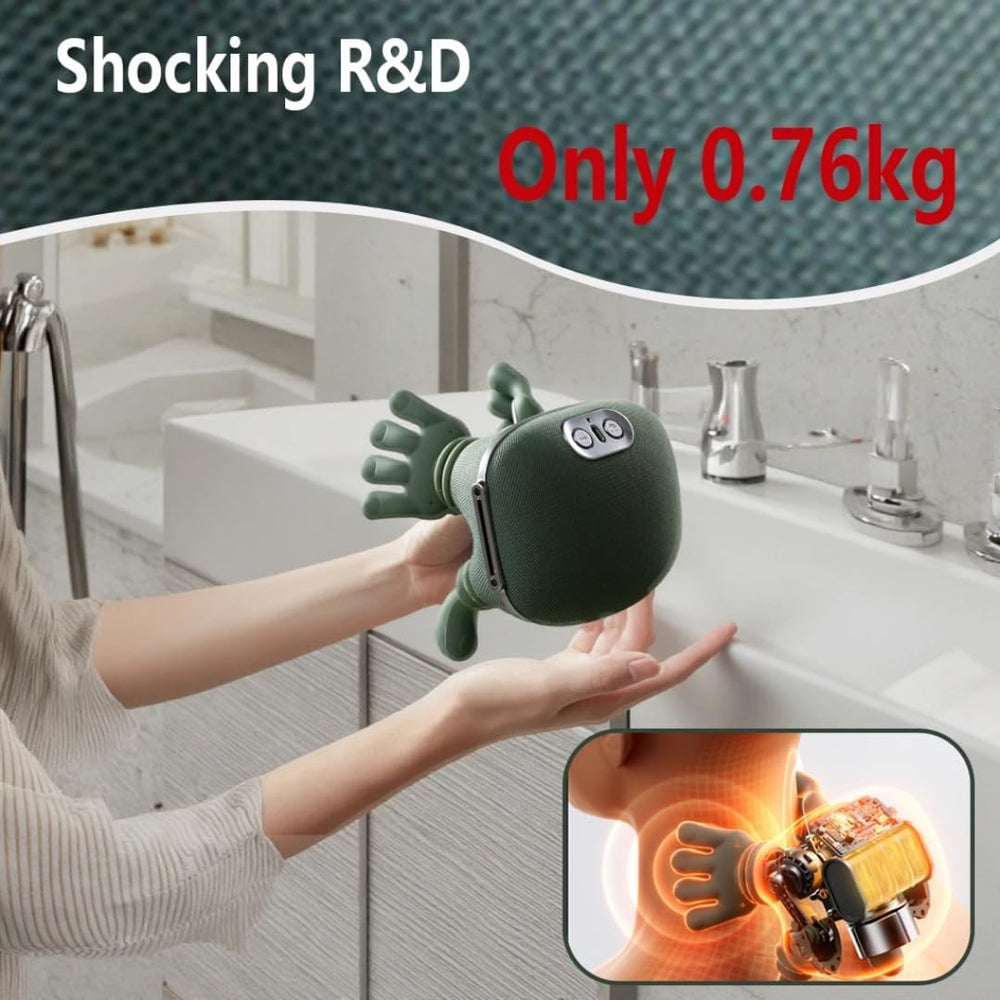 Generic massager on-the-go use demonstrates portable wireless design.