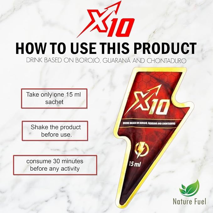Generic X10 borojó sachet offers natural vitality for workouts.
