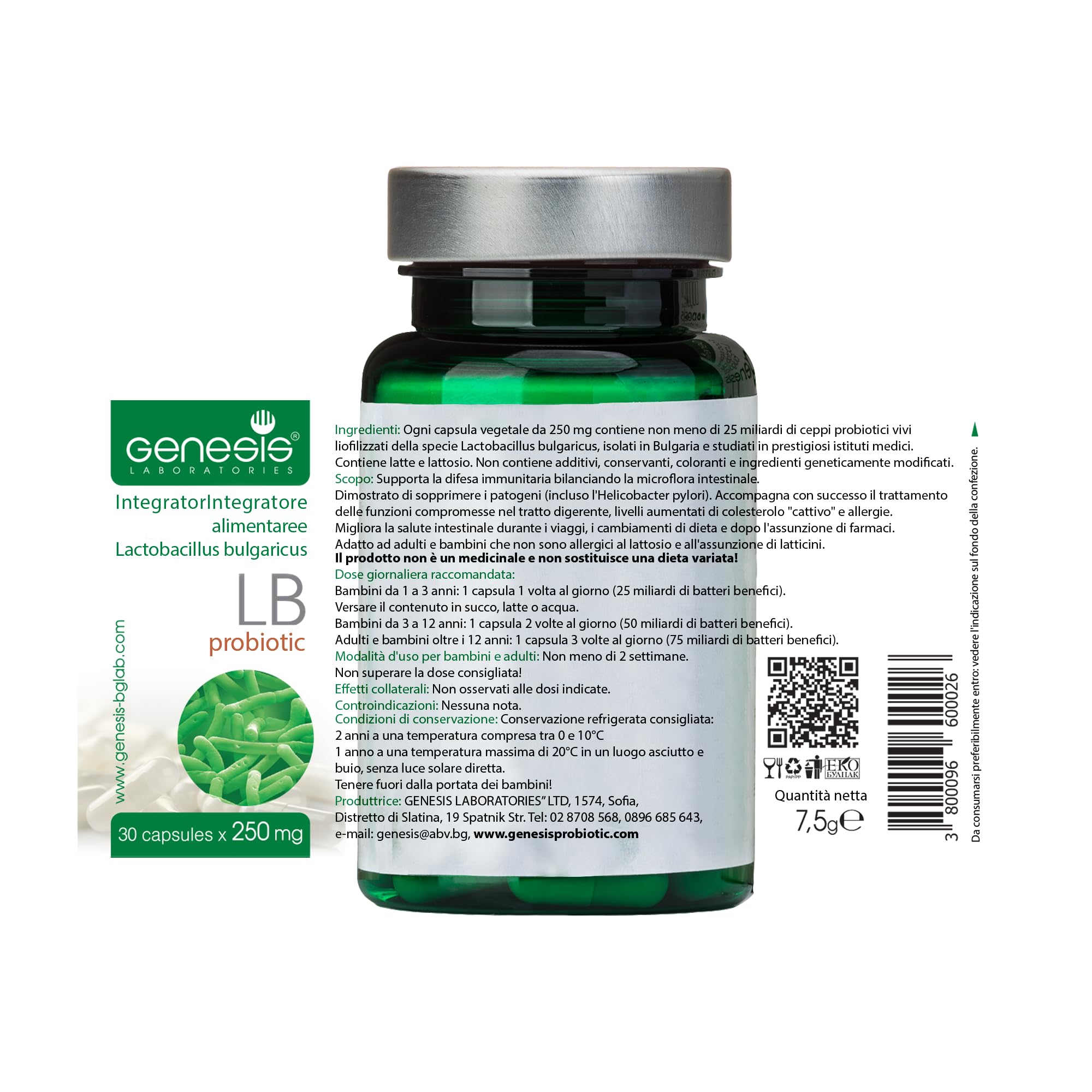 Genesis Laboratories label highlights ingredients and Bulgarian Lactobacillus Bulgaricus benefits for digestion.