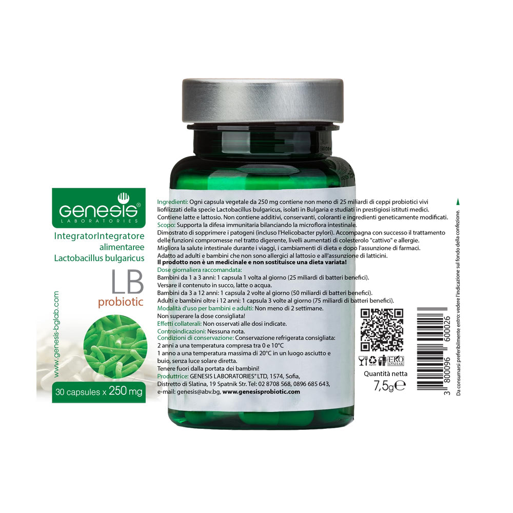 Genesis Laboratories label highlights ingredients and Bulgarian Lactobacillus Bulgaricus benefits for digestion.