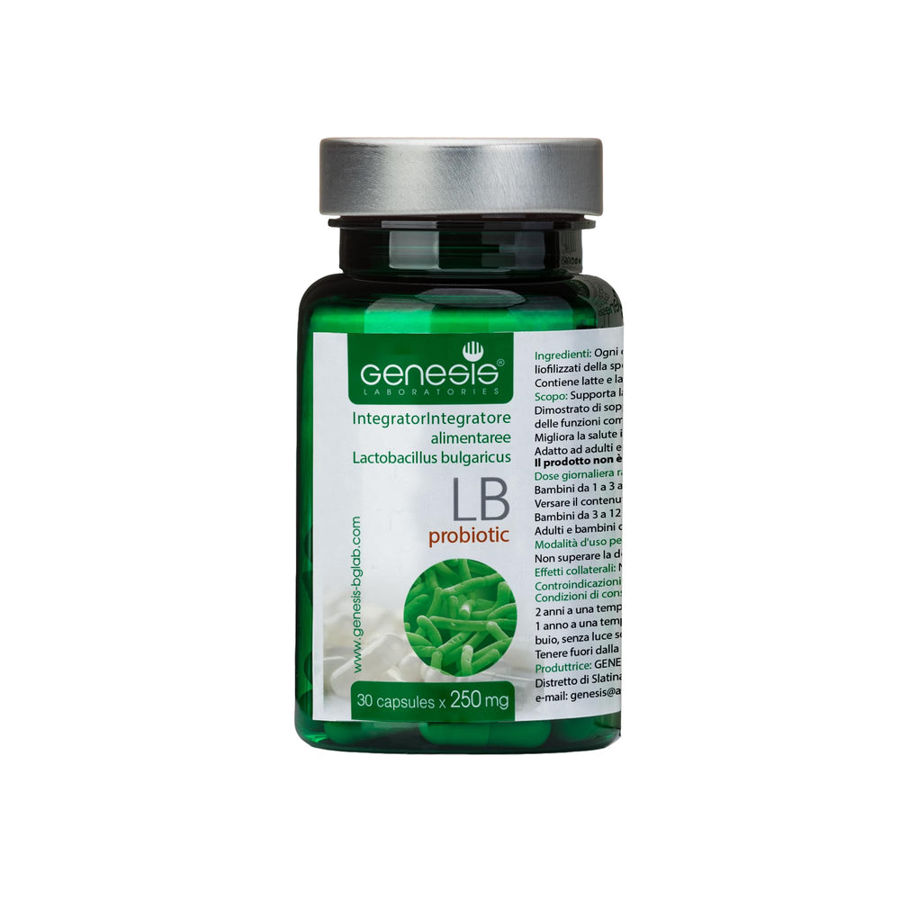 Genesis Laboratories probiotic bottle front shows digestive support potential.