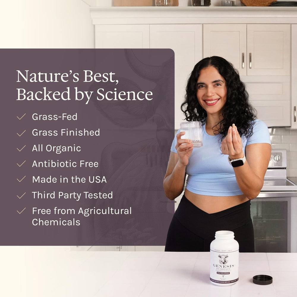 Genesis Nutrition Rhodiola Panax ginseng capsules suggest resilience support.