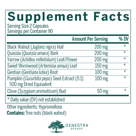 Genestra Black Walnut Capsules label close-up shows herbal ingredients