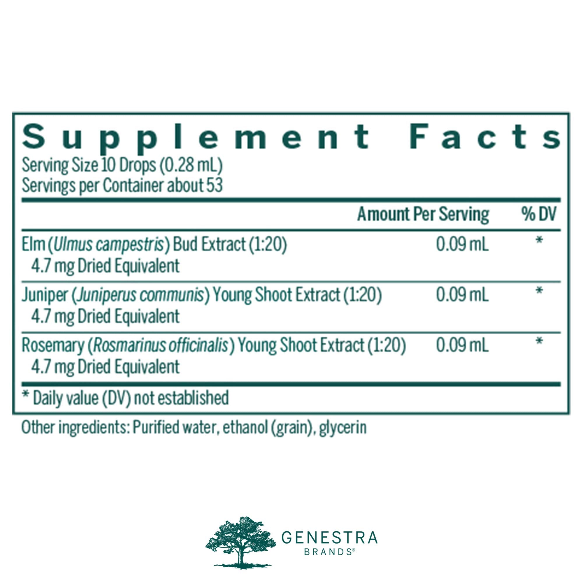 Acn-gen product label closeup highlighting elm juniper rosemary ingredients.