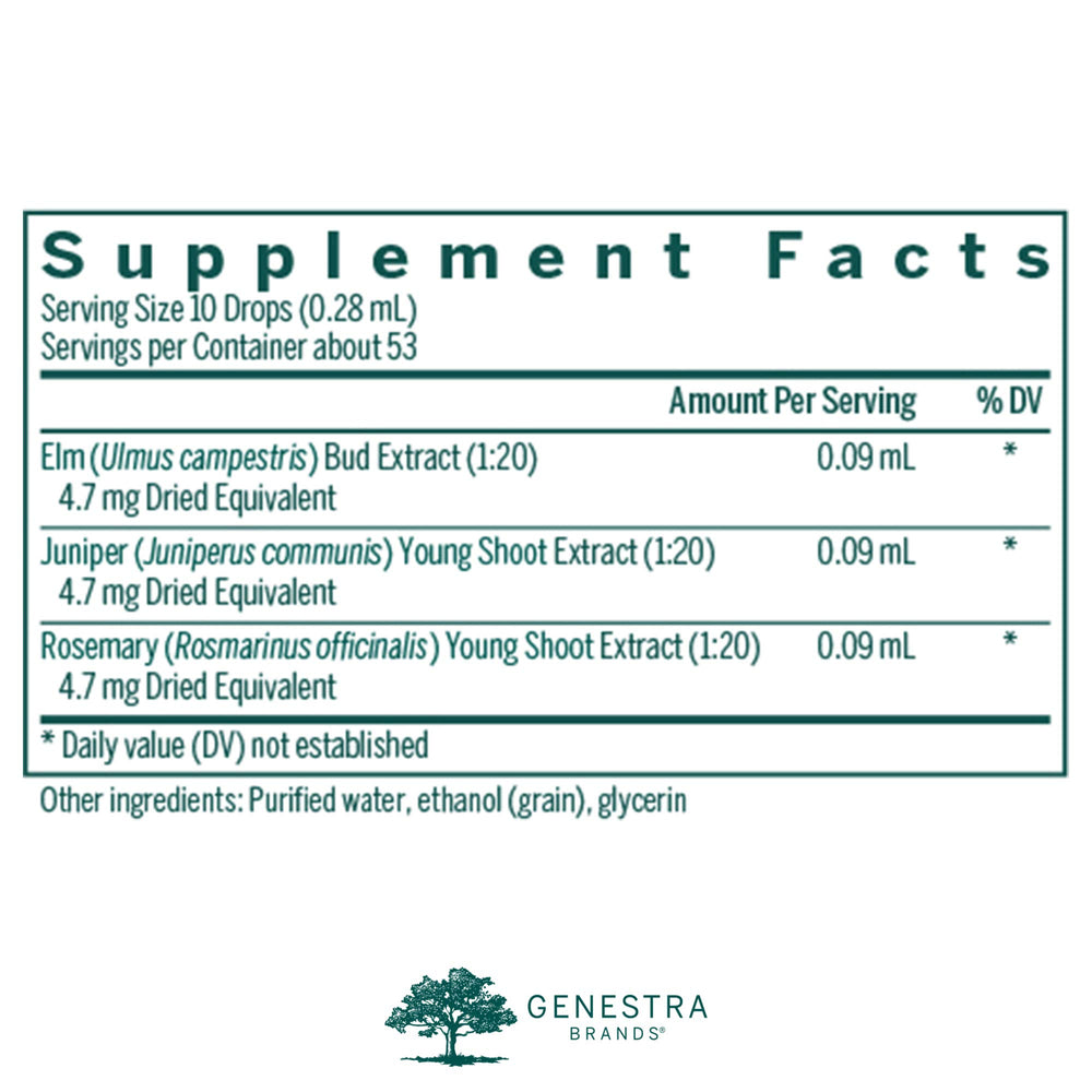 Acn-gen product label closeup highlighting elm juniper rosemary ingredients.
