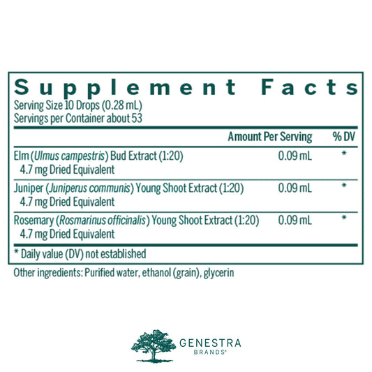 Acn-gen product label closeup highlighting elm juniper rosemary ingredients.