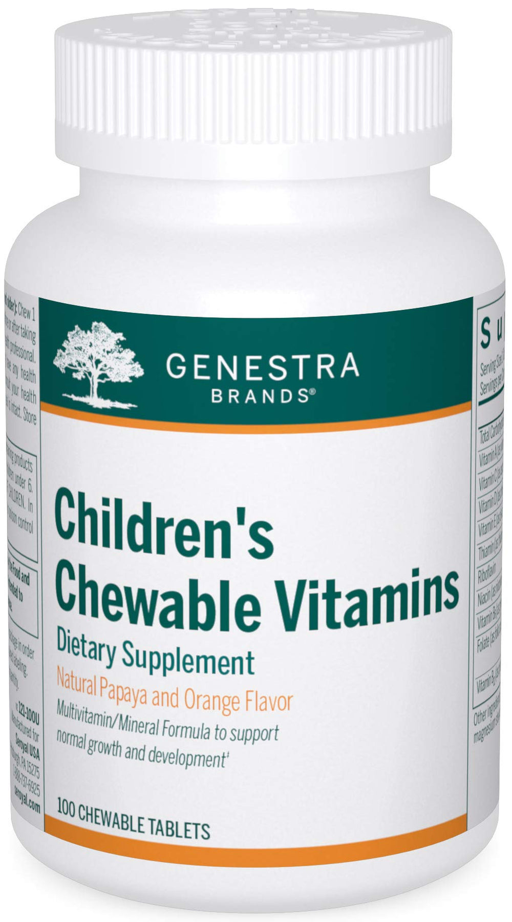 Genestra Brands Children's Chewable Vitamins bottle on shelf, convenient daily supplement for kids.
