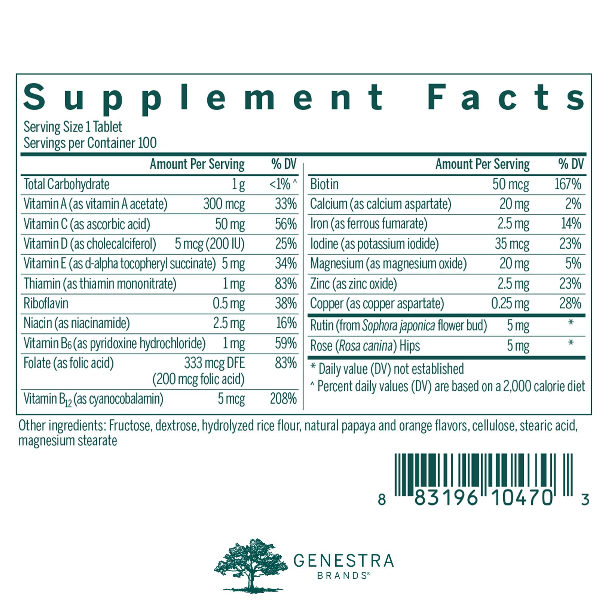 Genestra Brands Children's Chewable Vitamins tablets close-up, orange papaya flavor for kid-friendly taste.